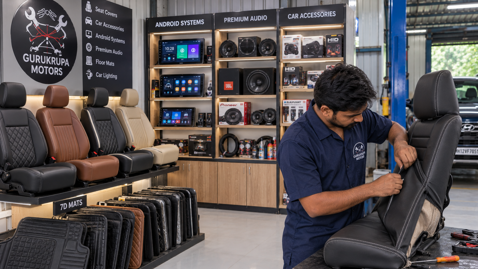 कार ॲक्सेसरीज, सीट कव्हर व साउंड सिस्टीम - Car accessories, seat covers, Android touchscreen and audio systems at Gurukrupa Motors Newasa